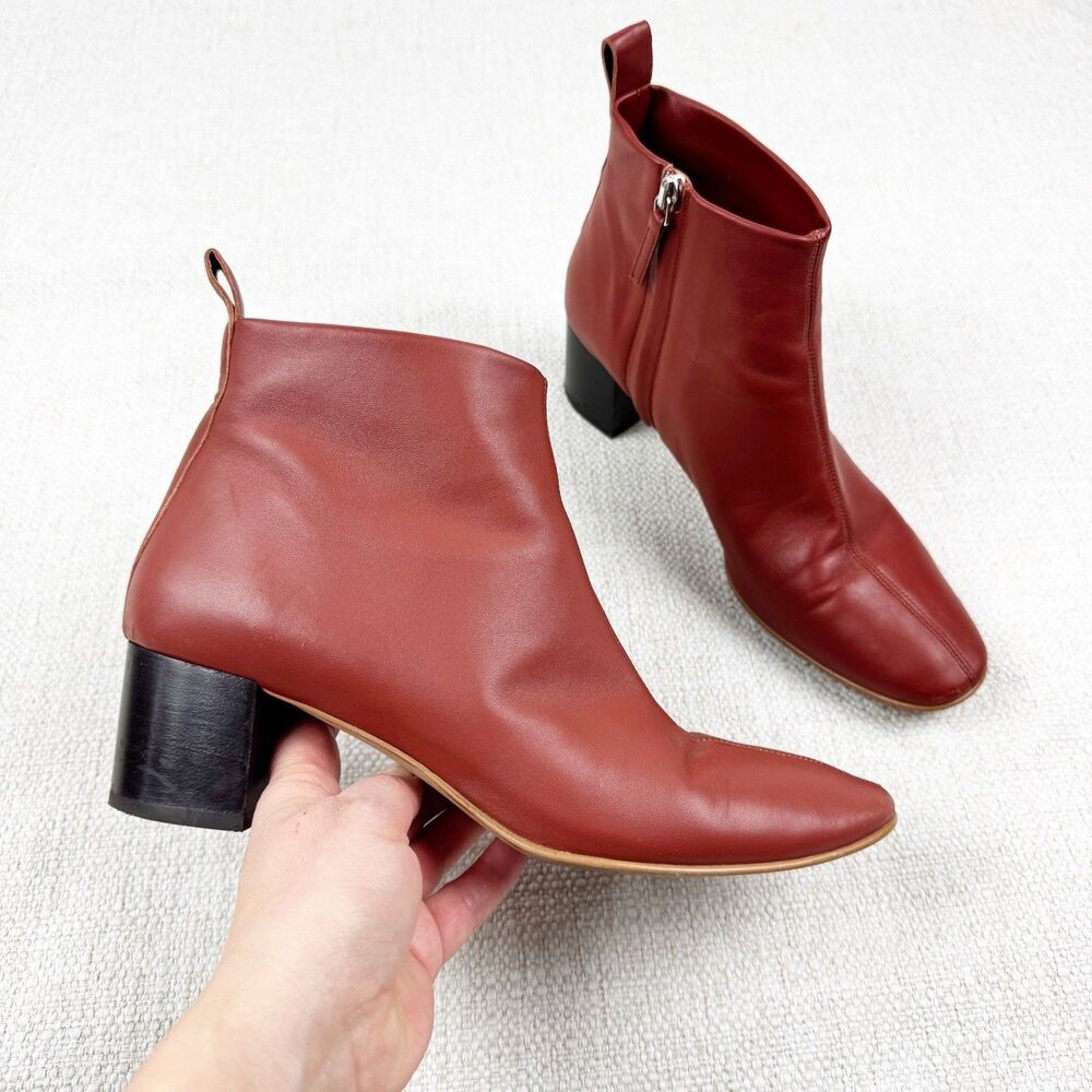 Everlane The Day Boot Womens 10 Leather Ankle Block Heel Zip Up Brick Brown